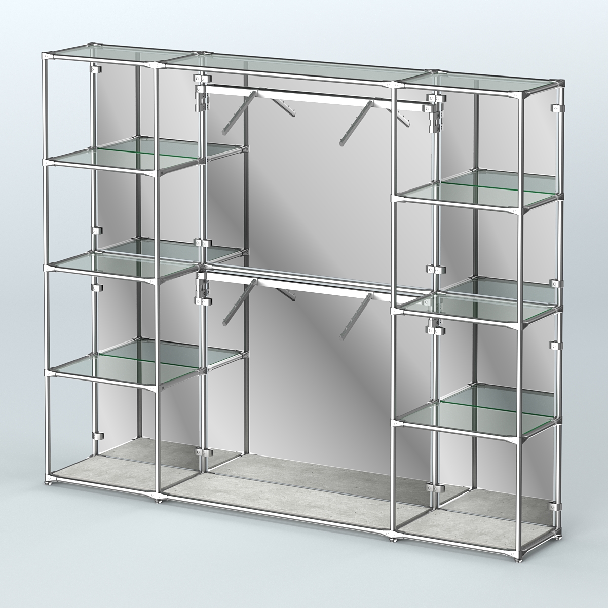 Торговая система ХРОМ (задняя стенка - зеркало) 2430 мм с прозрачными полками и поручнями №7 Метрополитан Грей