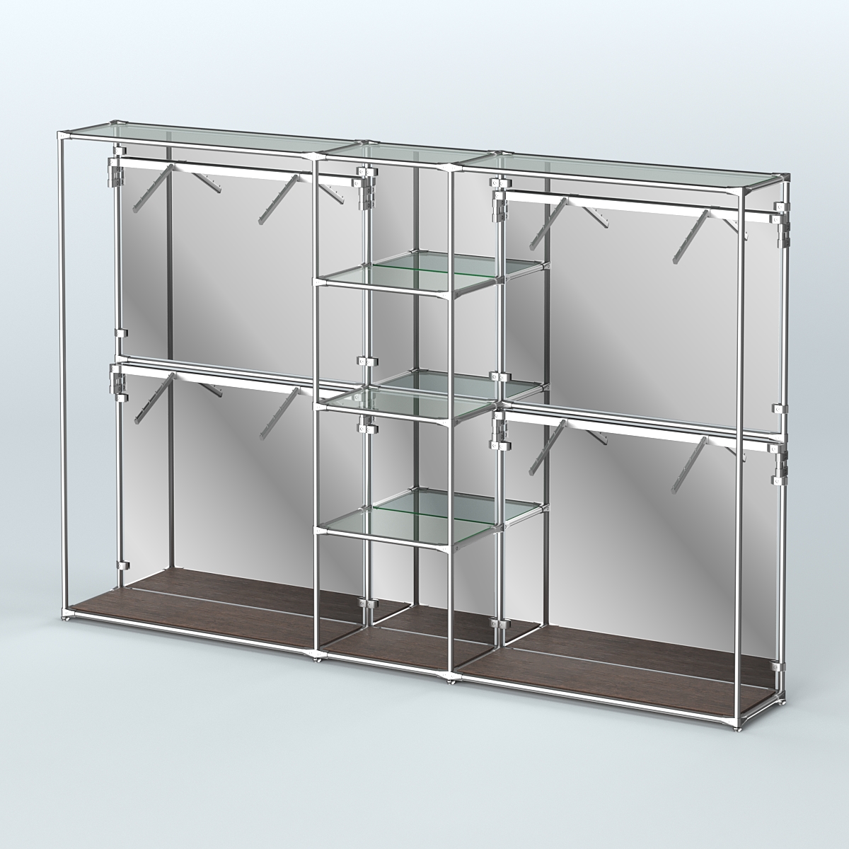 Торговая система ХРОМ (задняя стенка - зеркало) 3030 мм с прозрачными полками и поручнями №8 Дуб Венге