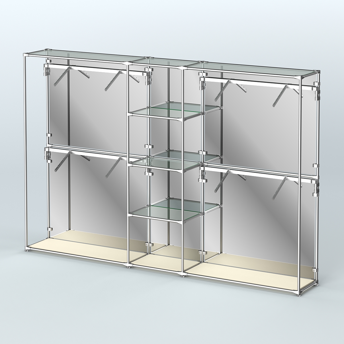 Торговая система ХРОМ (задняя стенка - зеркало) 3030 мм с прозрачными полками и поручнями №8 Крем Вайс