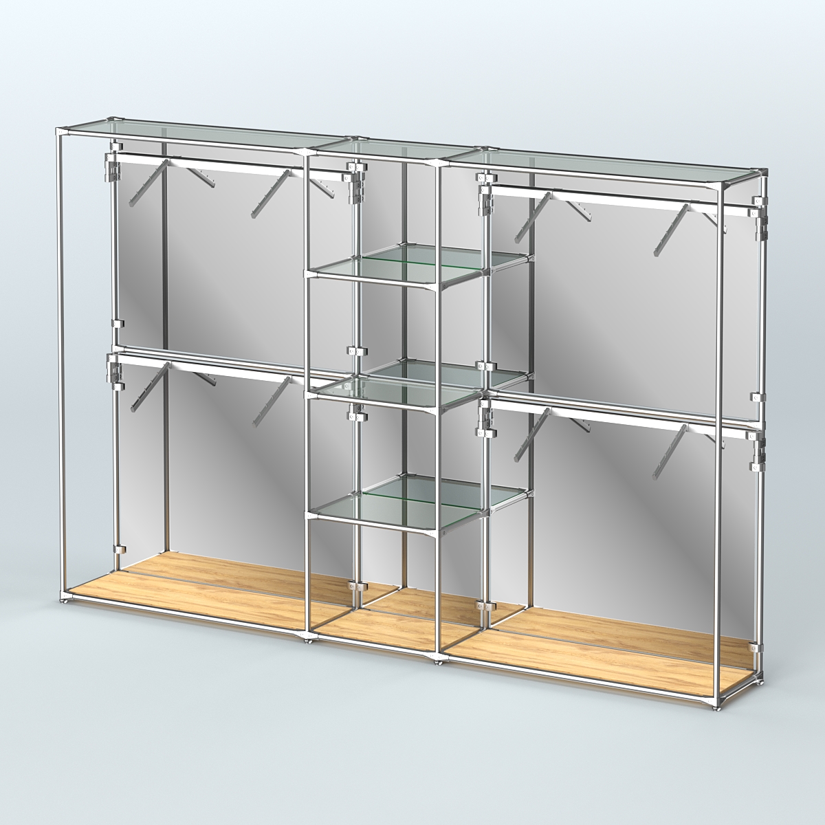 Торговая система ХРОМ (задняя стенка - зеркало) 3030 мм с прозрачными полками и поручнями №8 Дуб Золотистый