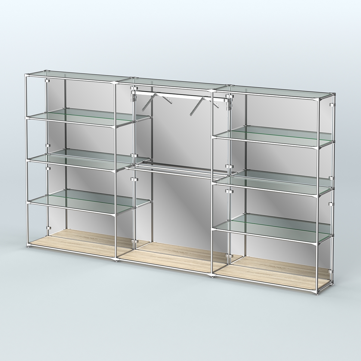 Торговая система ХРОМ (задняя стенка - зеркало) 3600 мм с прозрачными полками и поручнями №9 Дуб Сонома