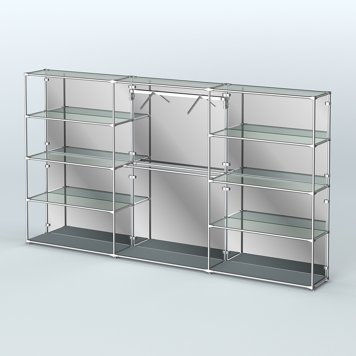 Торговая система ХРОМ (задняя стенка - зеркало) 3600 мм с прозрачными полками и поручнями №9 Темно-Серый