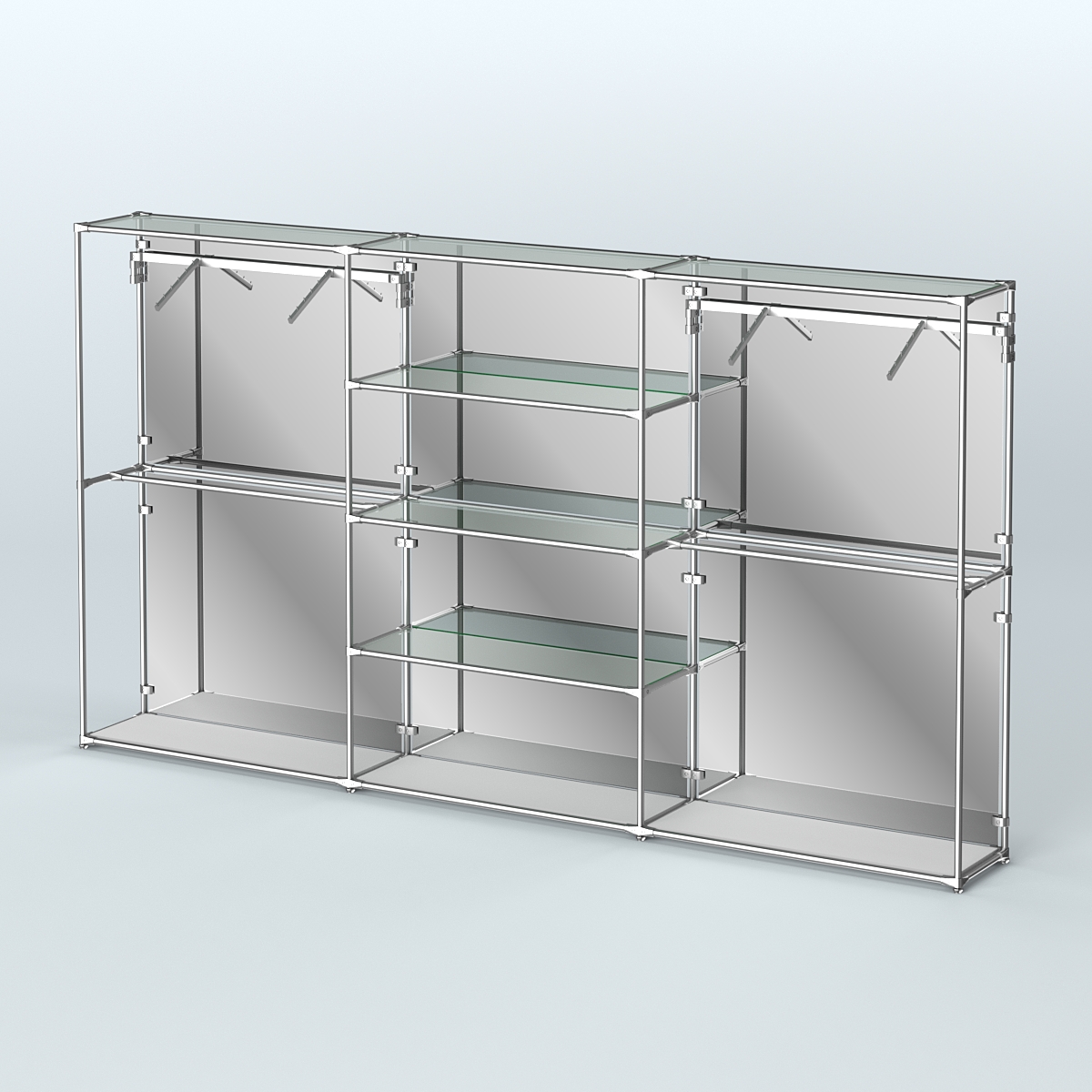 Торговая система ХРОМ (задняя стенка - зеркало) 3600 мм с прозрачными полками и поручнями №10 Серый