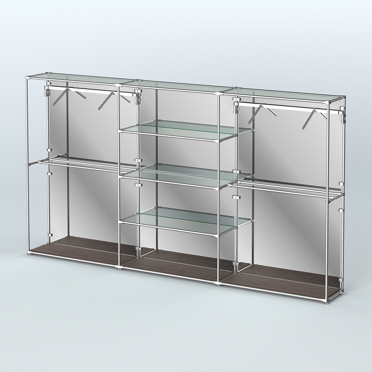 Торговая система ХРОМ (задняя стенка - зеркало) 3600 мм с прозрачными полками и поручнями №10 Дуб Венге