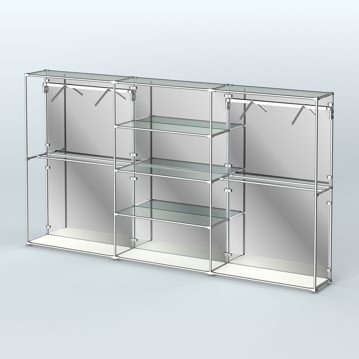 Торговая система ХРОМ (задняя стенка - зеркало) 3600 мм с прозрачными полками и поручнями №10 Белый