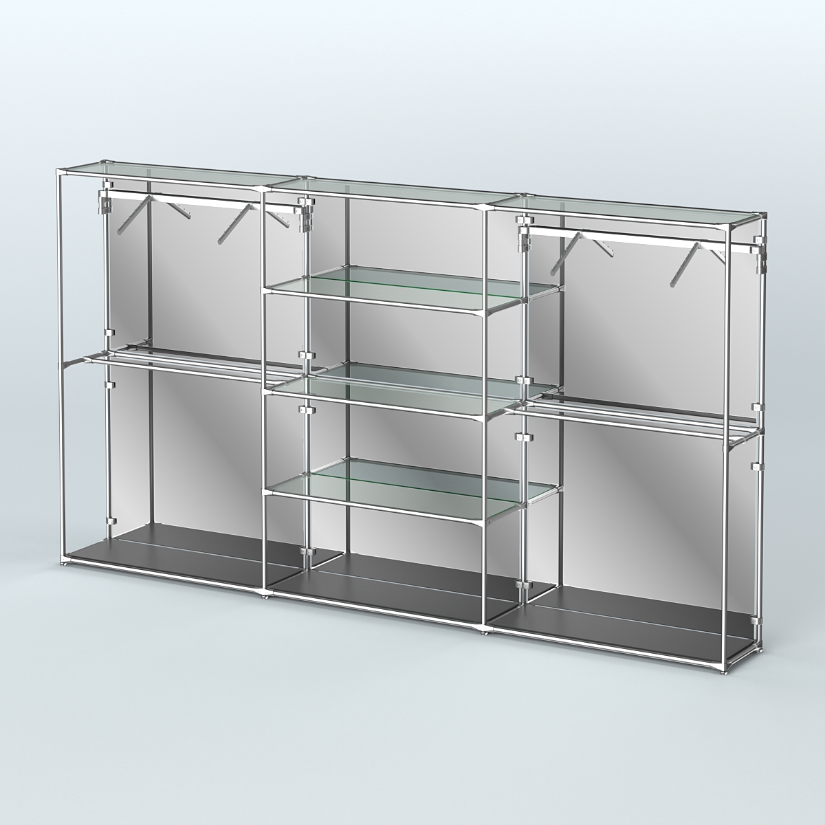 Торговая система ХРОМ (задняя стенка - зеркало) 3600 мм с прозрачными полками и поручнями №10 Черный