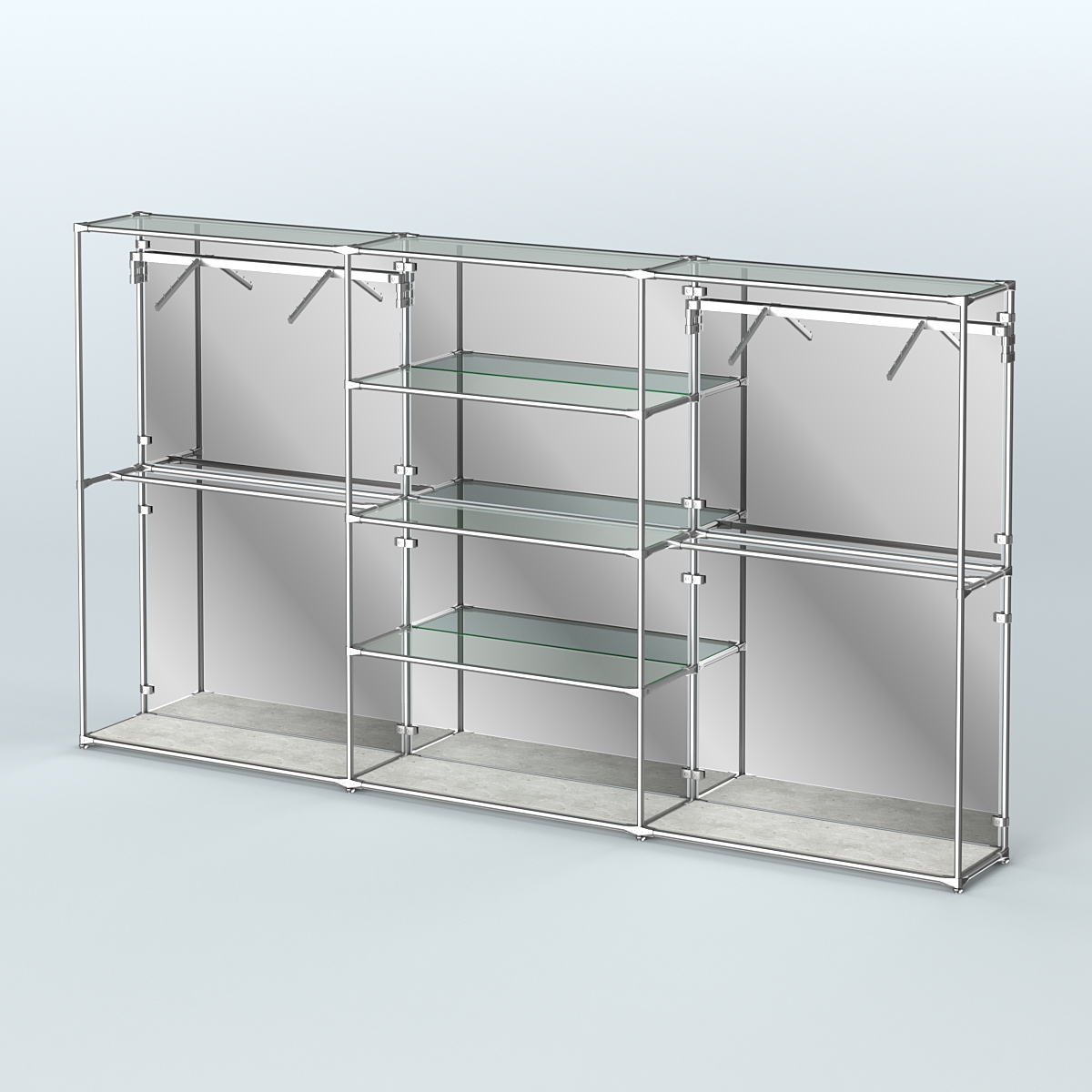 Торговая система ХРОМ (задняя стенка - зеркало) 3600 мм с прозрачными полками и поручнями №10 Метрополитан Грей