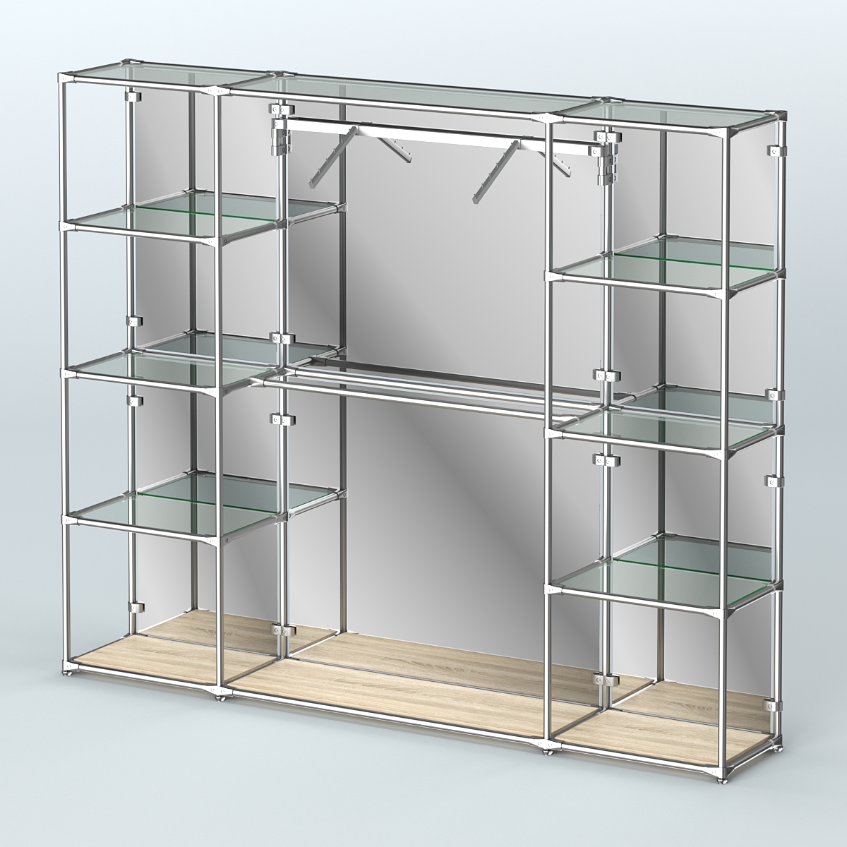 Торговая система ХРОМ (задняя стенка - зеркало) 2430 мм с прозрачными полками и поручнями №11 Дуб Сонома