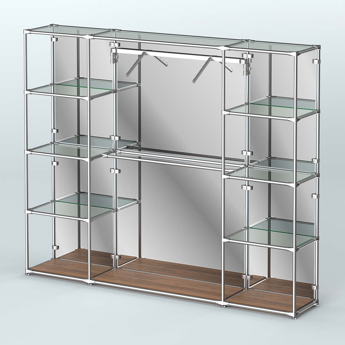 Торговая система ХРОМ (задняя стенка - зеркало) 2430 мм с прозрачными полками и поручнями №11 Орех