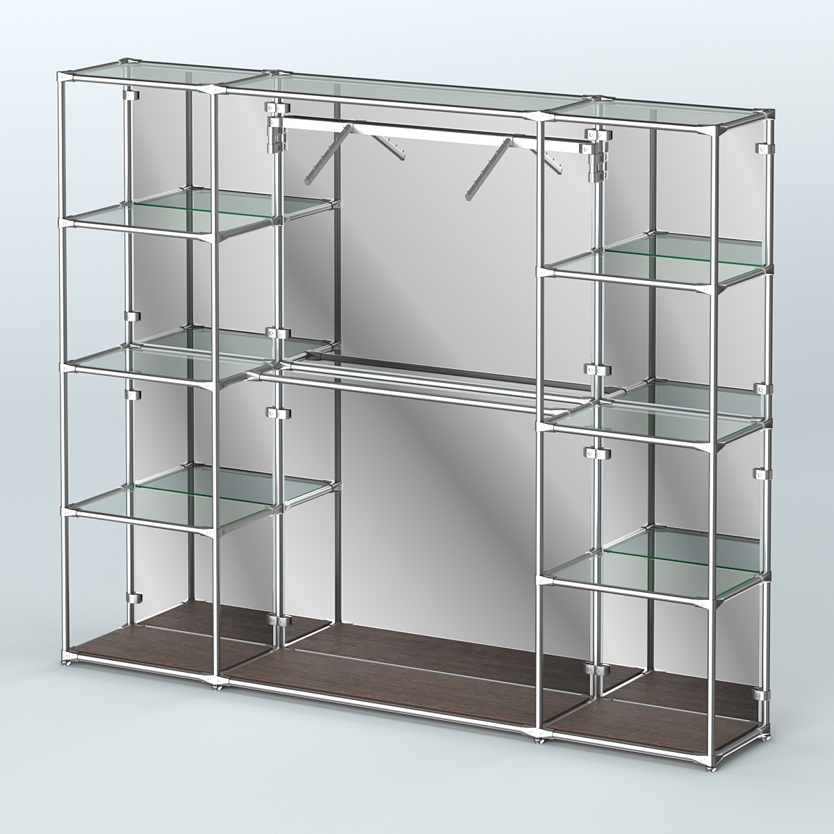 Торговая система ХРОМ (задняя стенка - зеркало) 2430 мм с прозрачными полками и поручнями №11 Дуб Венге