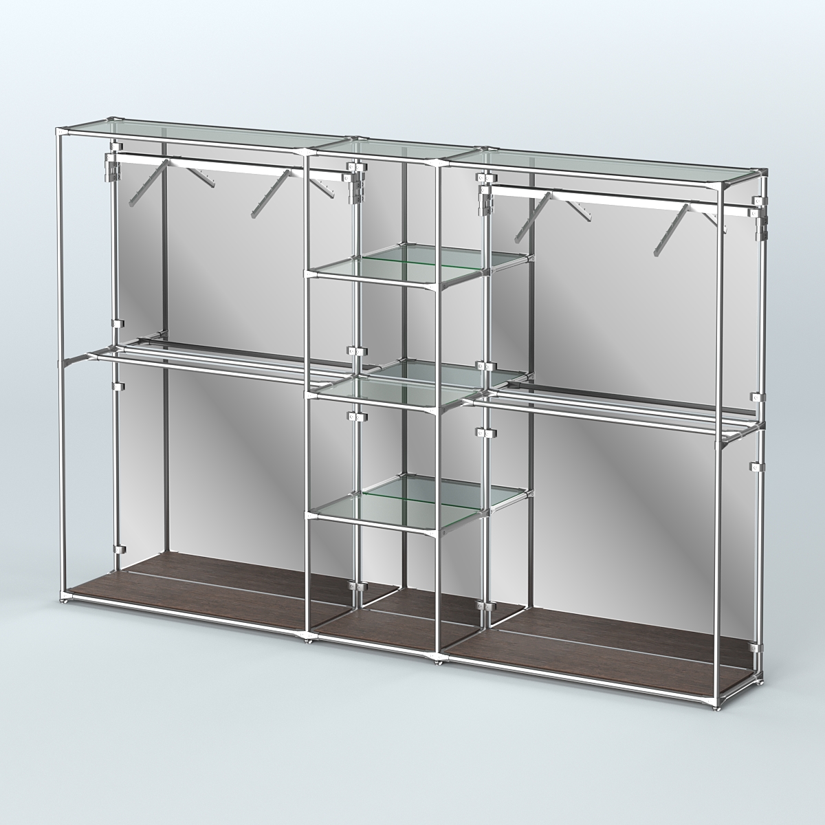 Торговая система ХРОМ (задняя стенка - зеркало) 3030 мм с прозрачными полками и поручнями №12 Дуб Венге