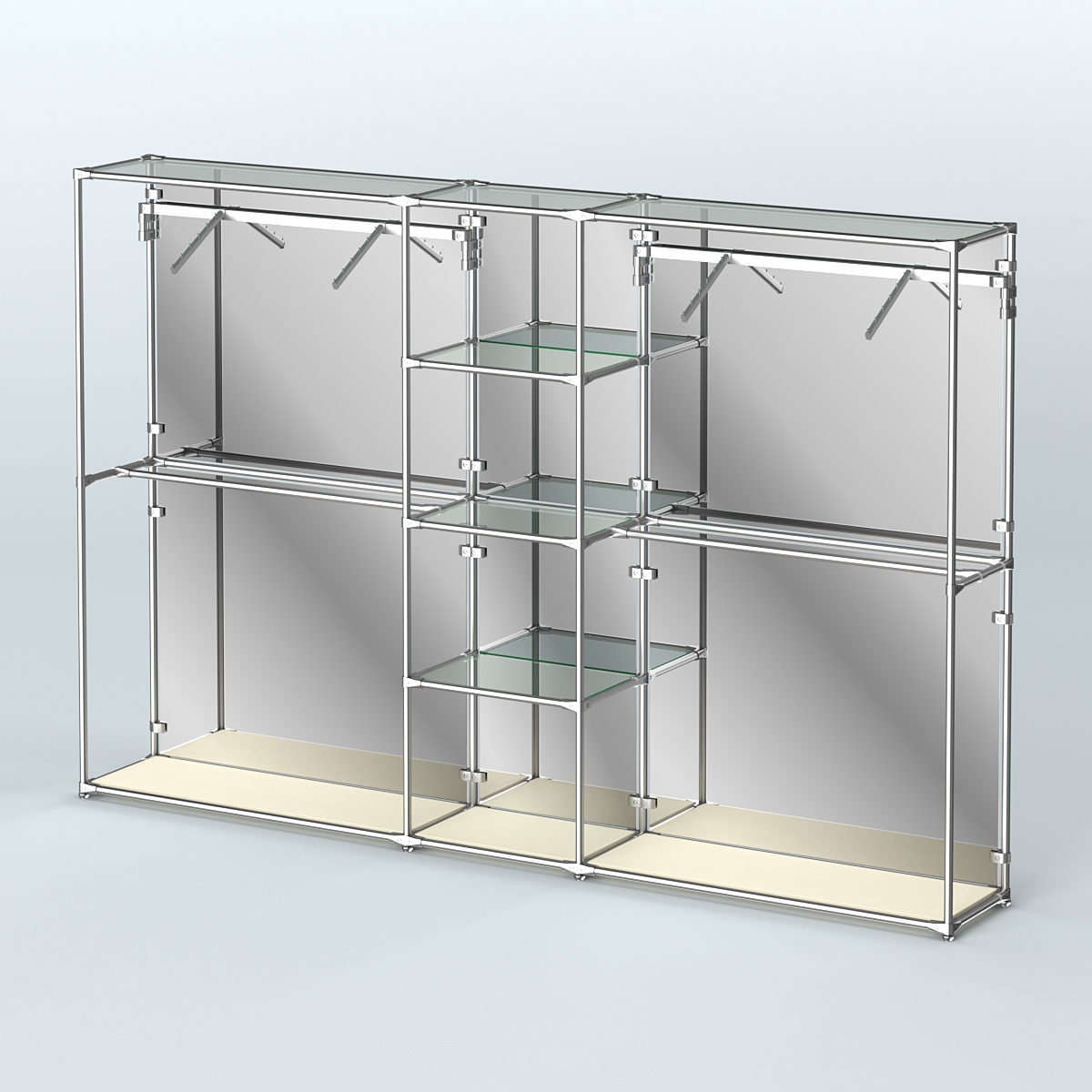 Торговая система ХРОМ (задняя стенка - зеркало) 3030 мм с прозрачными полками и поручнями №12 Крем Вайс