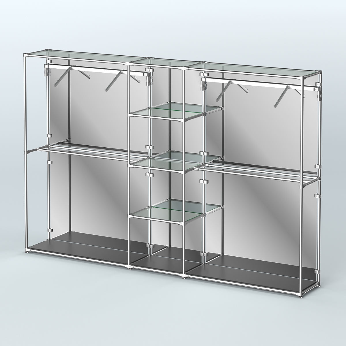 Торговая система ХРОМ (задняя стенка - зеркало) 3030 мм с прозрачными полками и поручнями №12 Черный