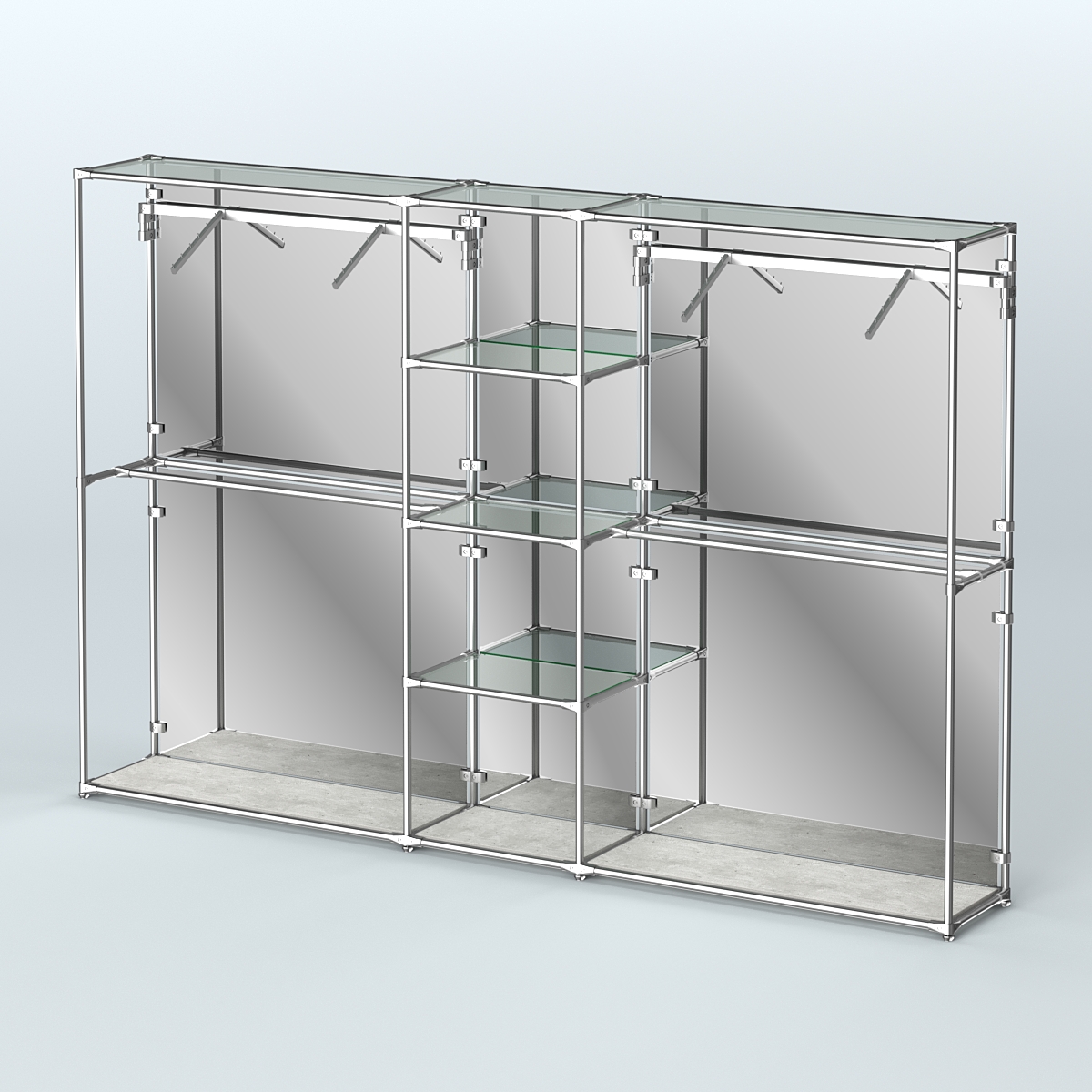 Торговая система ХРОМ (задняя стенка - зеркало) 3030 мм с прозрачными полками и поручнями №12 Метрополитан Грей