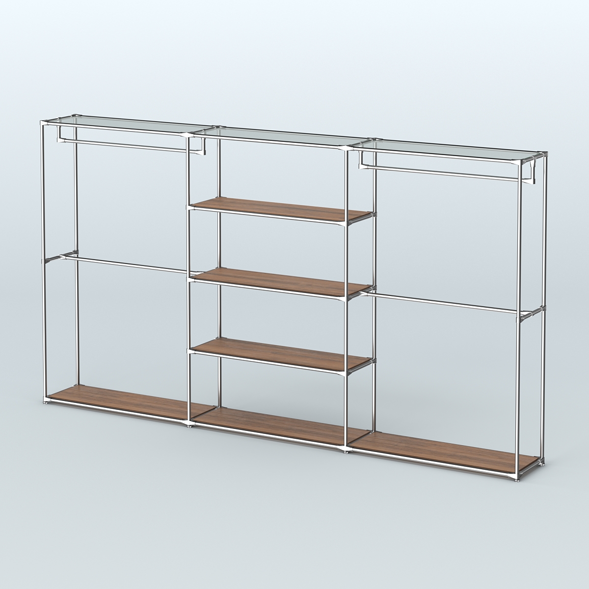 Торговая система ХРОМ без ДСП 3600 мм с полками ДСП и поручнями №2 Орех