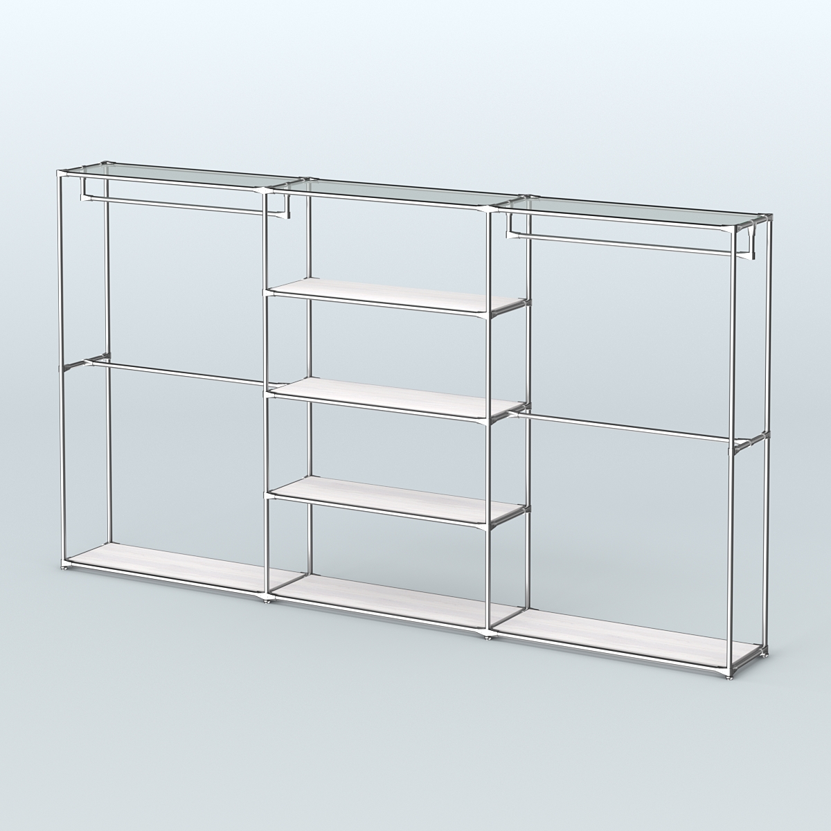 Торговая система ХРОМ без ДСП 3600 мм с полками ДСП и поручнями №2 Ясень Анкор светлый