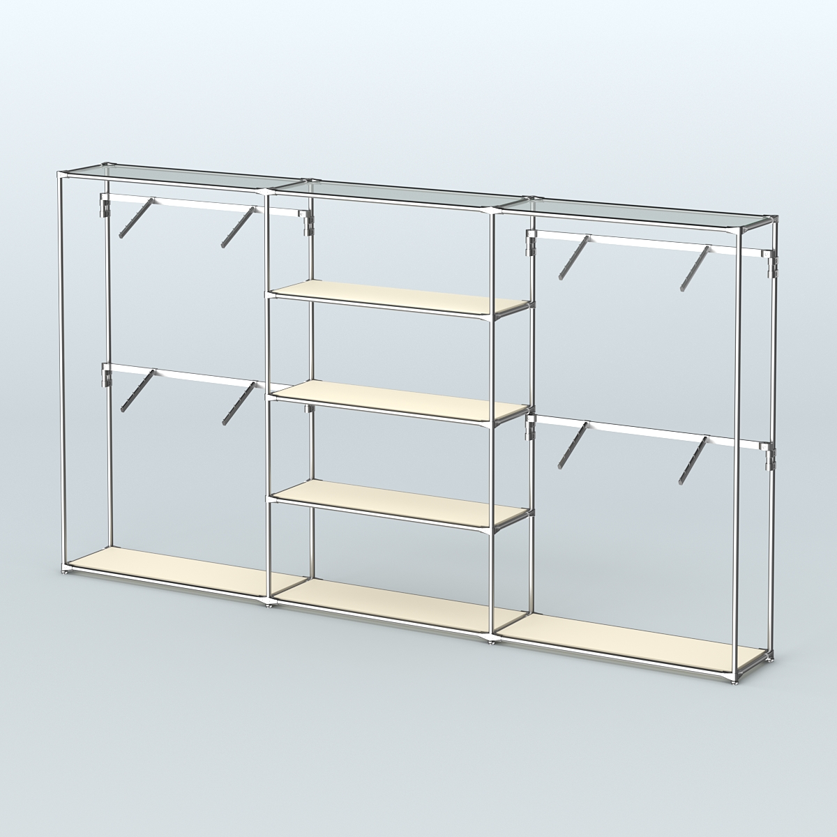 Торговая система ХРОМ без ДСП 3600 мм с полками ДСП и поручнями №5 Крем Вайс