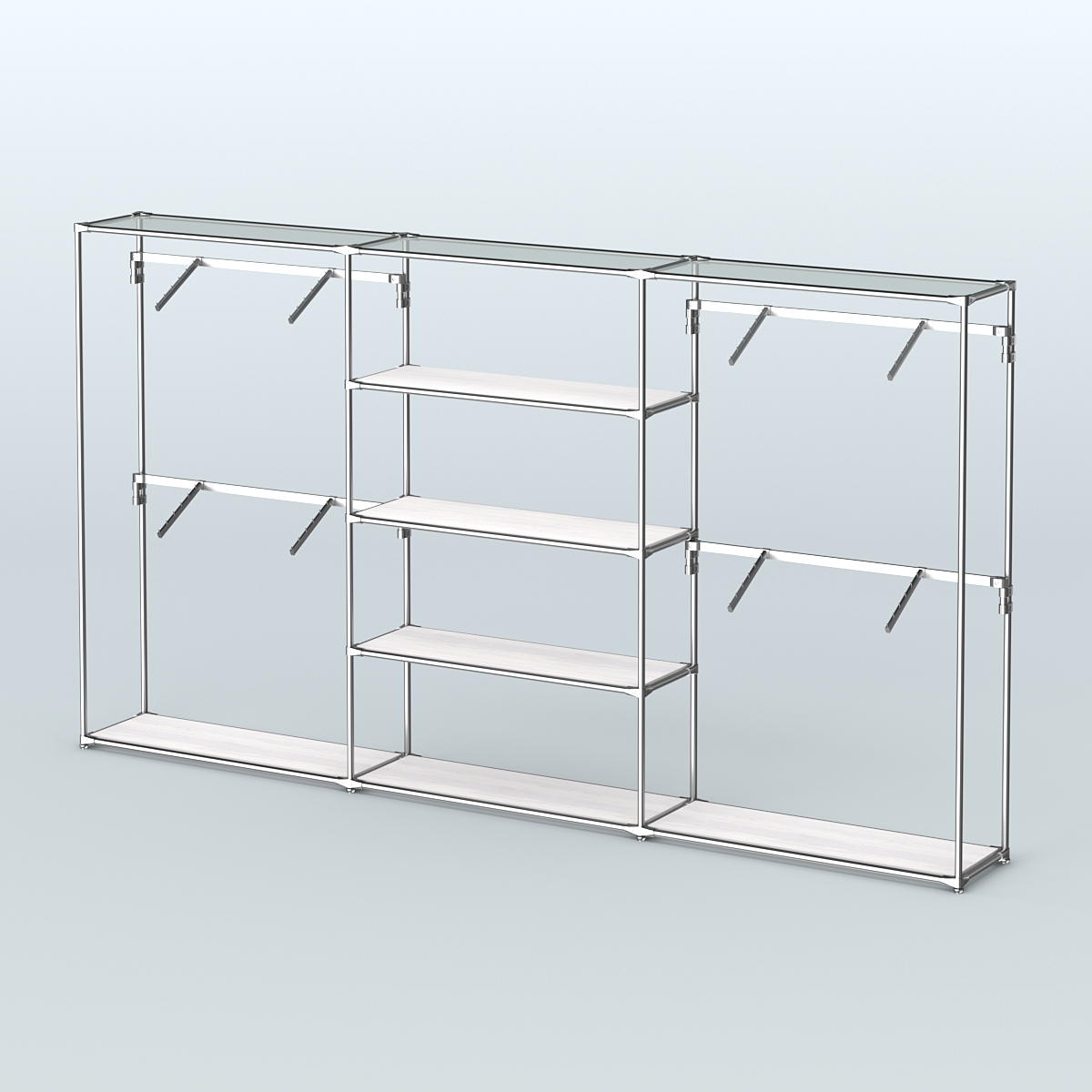 Торговая система ХРОМ без ДСП 3600 мм с полками ДСП и поручнями №5 Ясень Анкор светлый