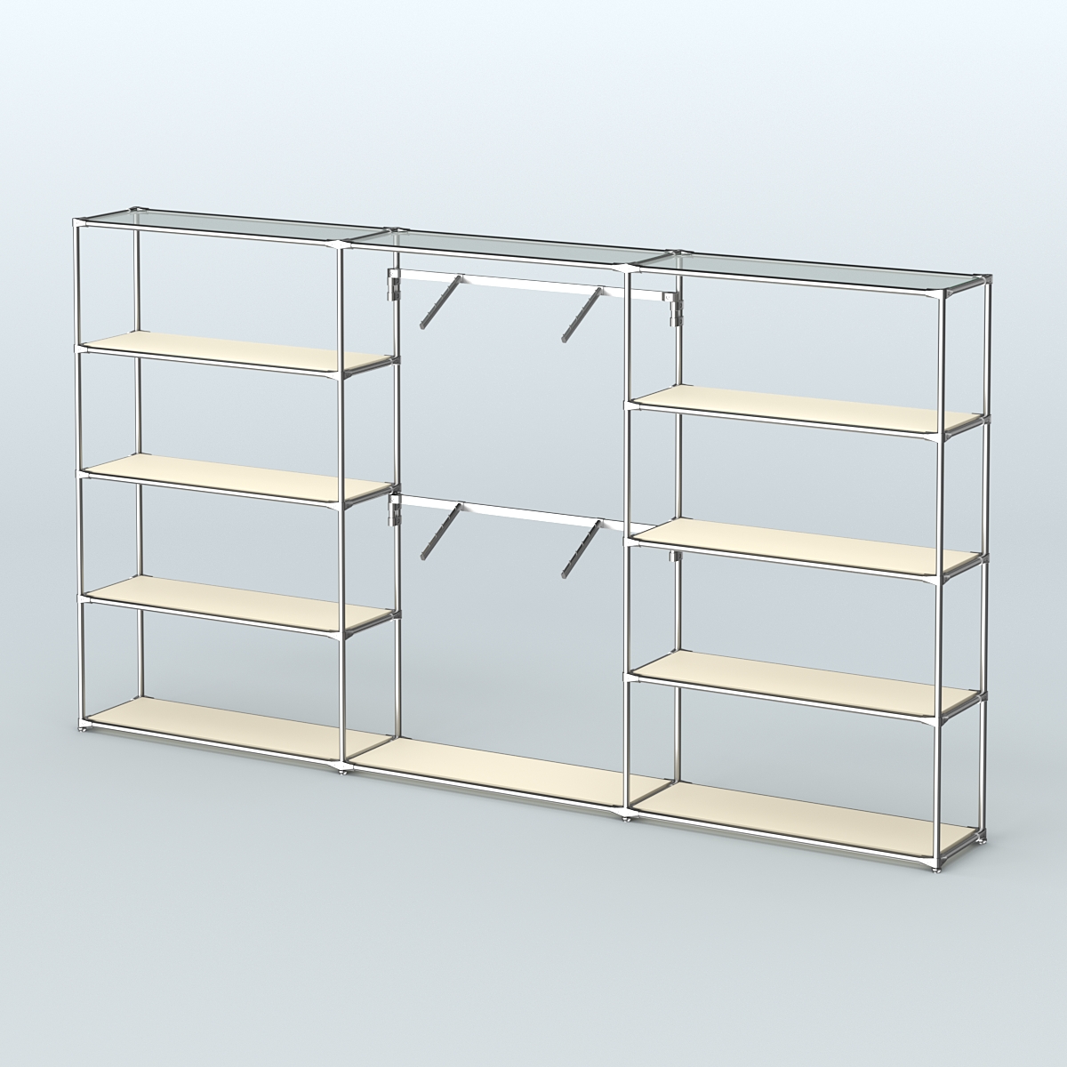 Торговая система ХРОМ без ДСП 3600 мм с полками ДСП и поручнями №6 Крем Вайс