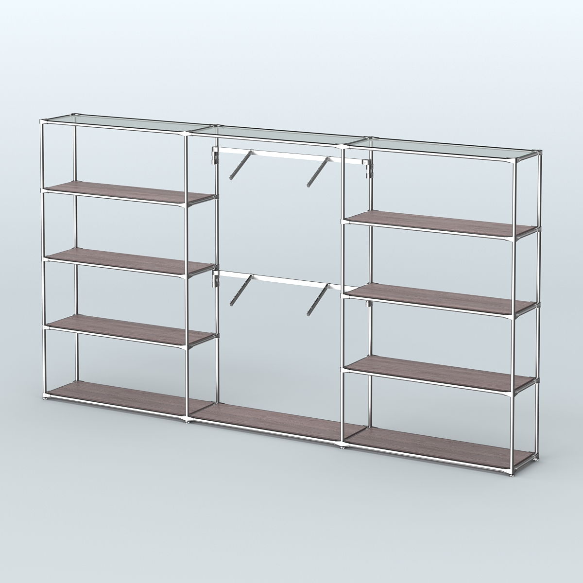 Торговая система ХРОМ без ДСП 3600 мм с полками ДСП и поручнями №6 Ясень Анкор темный