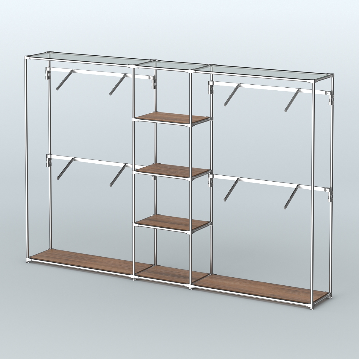 Торговая система ХРОМ без ДСП 3030 мм с полками ДСП и поручнями №8 Орех