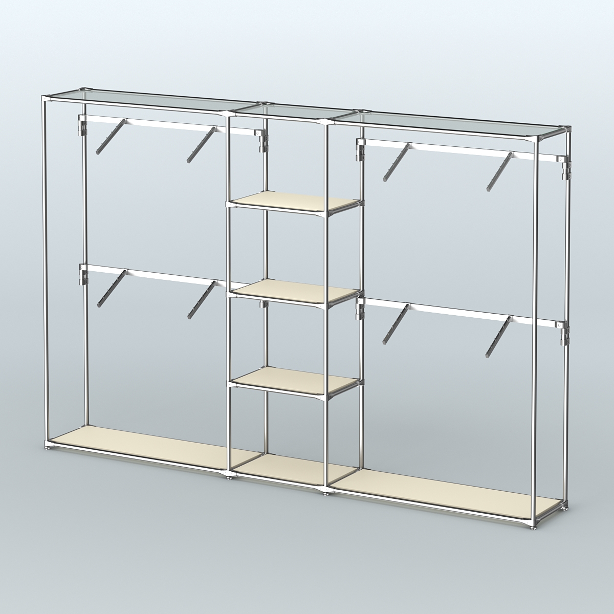 Торговая система ХРОМ без ДСП 3030 мм с полками ДСП и поручнями №8 Крем Вайс