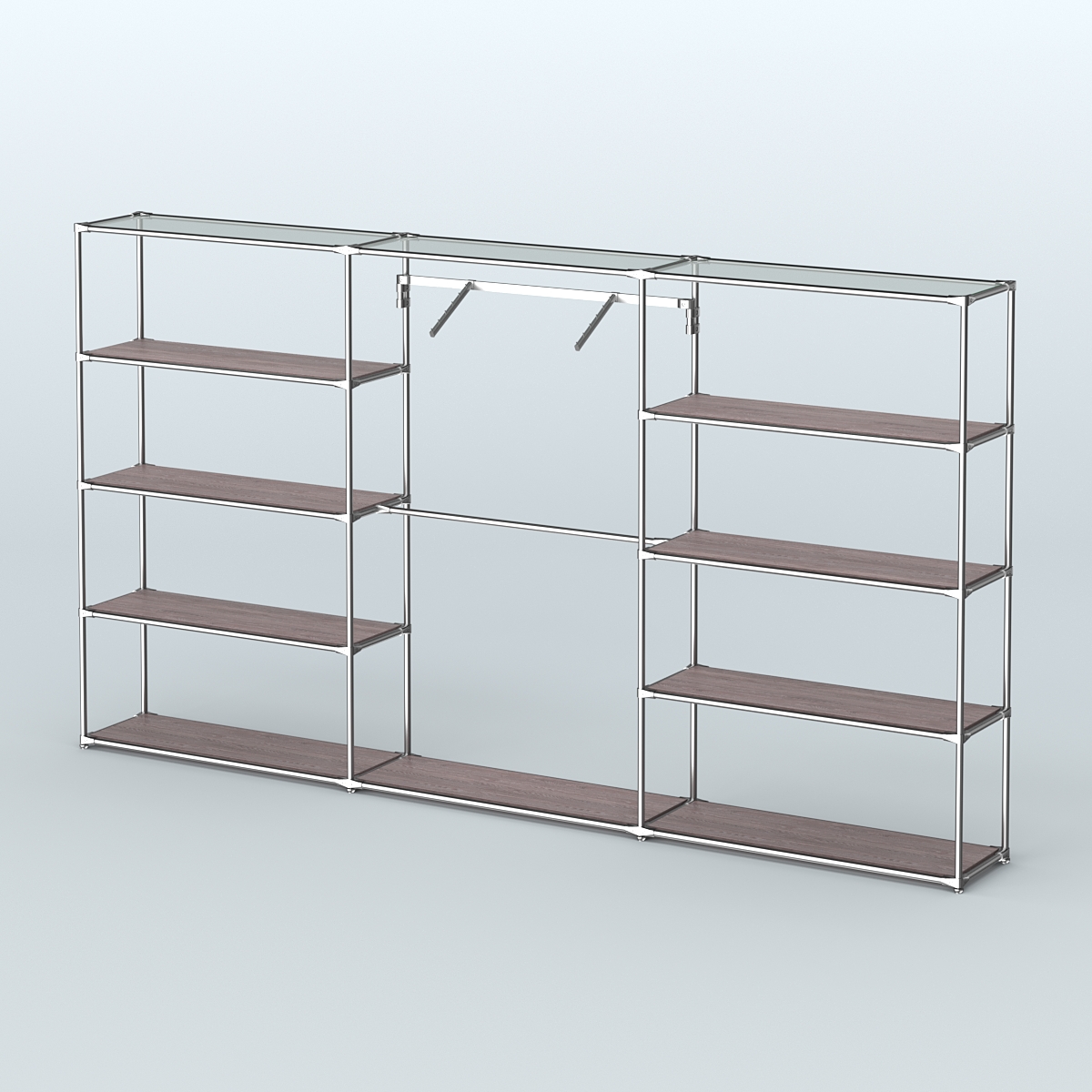 Торговая система ХРОМ без ДСП 3600 мм с полками ДСП и поручнями №9 Ясень Анкор темный