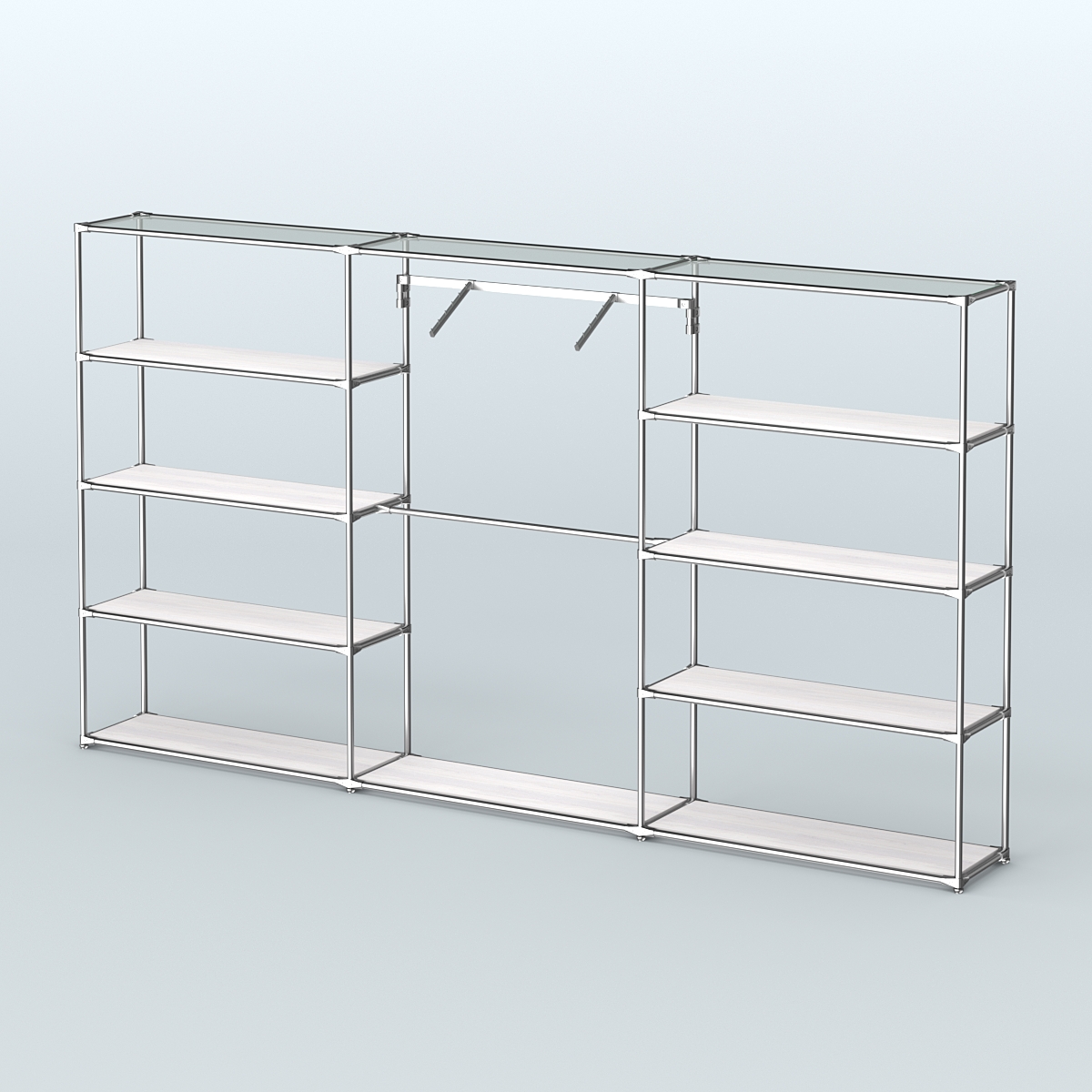 Торговая система ХРОМ без ДСП 3600 мм с полками ДСП и поручнями №9 Ясень Анкор светлый