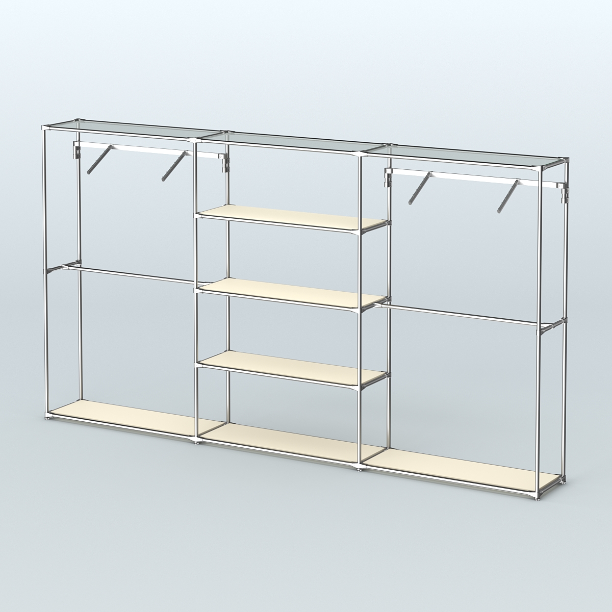 Торговая система ХРОМ без ДСП 3600 мм с полками ДСП и поручнями №10 Крем Вайс