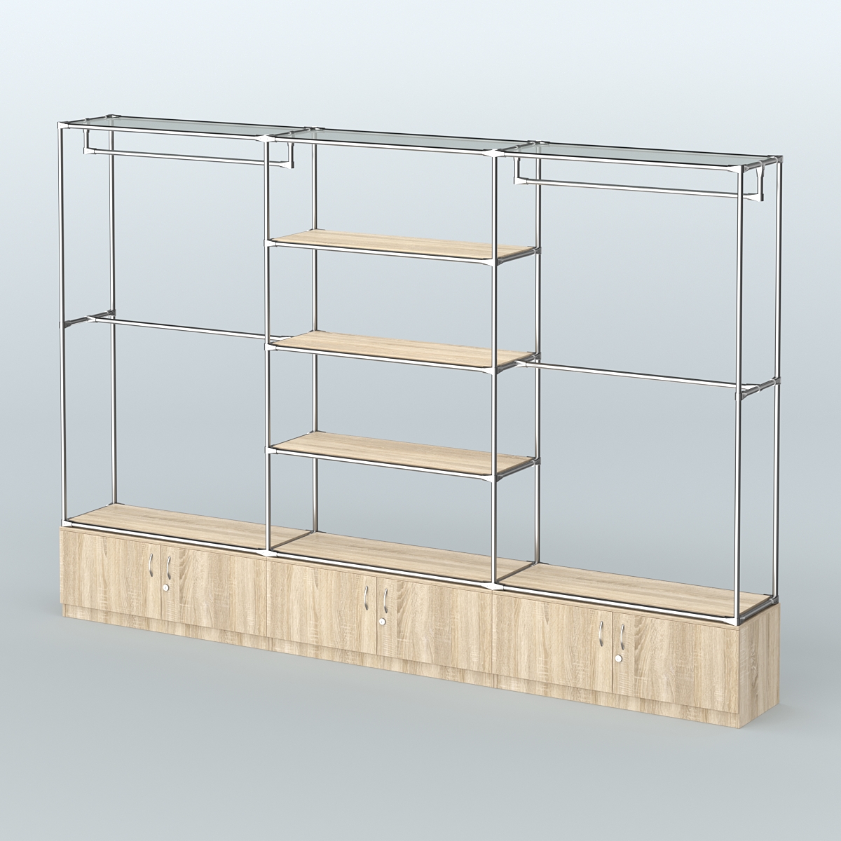 Торговая система ХРОМ без ДСП 3600 мм с тумбами Т21, полками ДСП и поручнями №2 Дуб Сонома