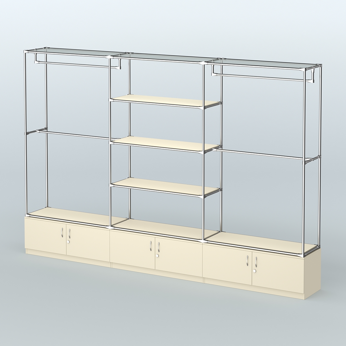 Торговая система ХРОМ без ДСП 3600 мм с тумбами Т21, полками ДСП и поручнями №2 Крем Вайс