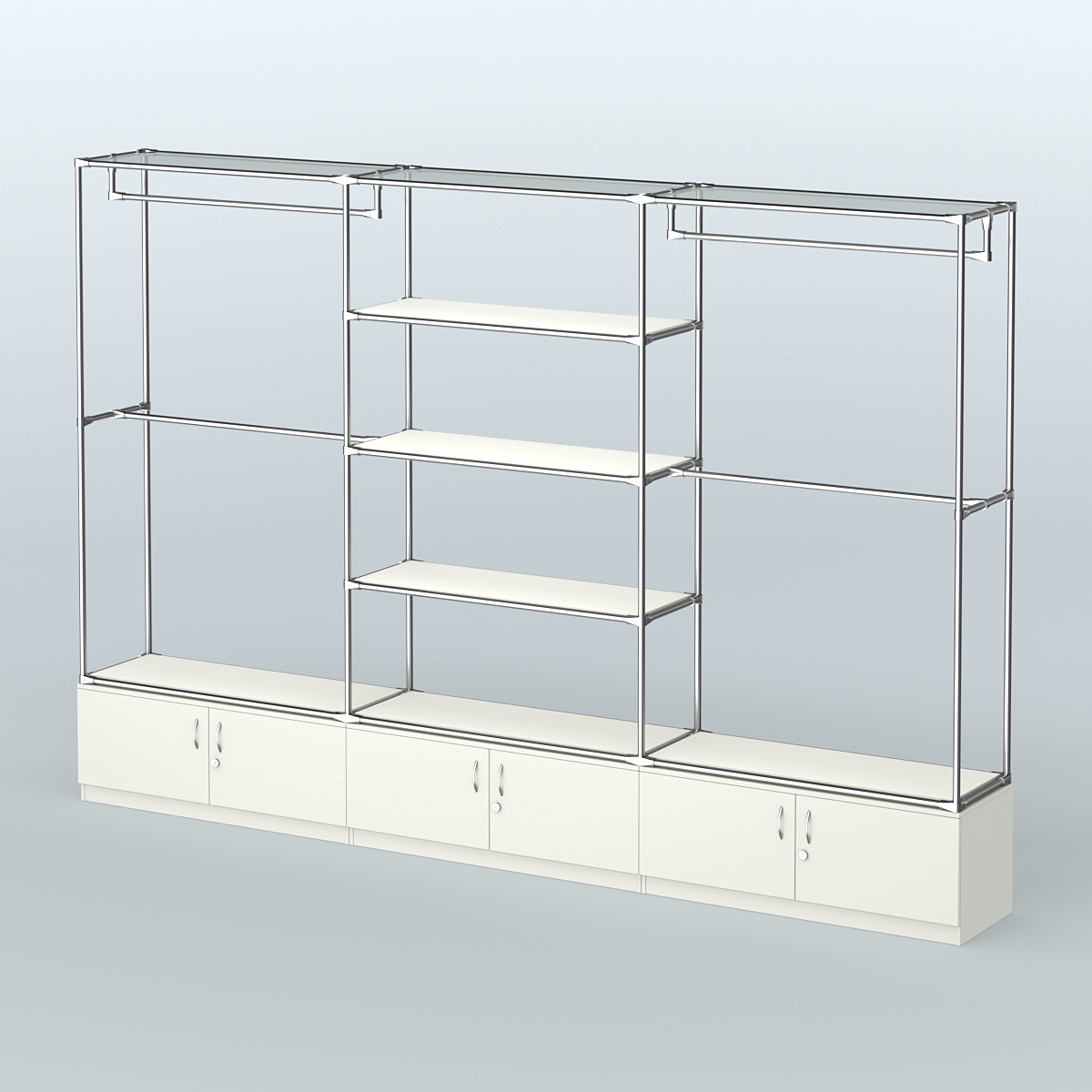 Торговая система ХРОМ без ДСП 3600 мм с тумбами Т21, полками ДСП и поручнями №2 Белый