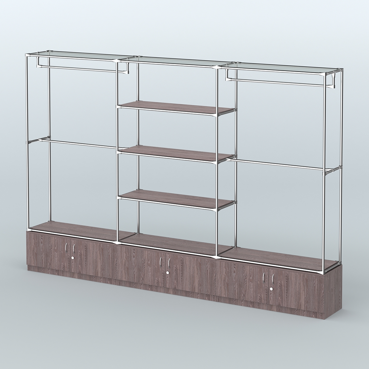 Торговая система ХРОМ без ДСП 3600 мм с тумбами Т21, полками ДСП и поручнями №2 Ясень Анкор темный