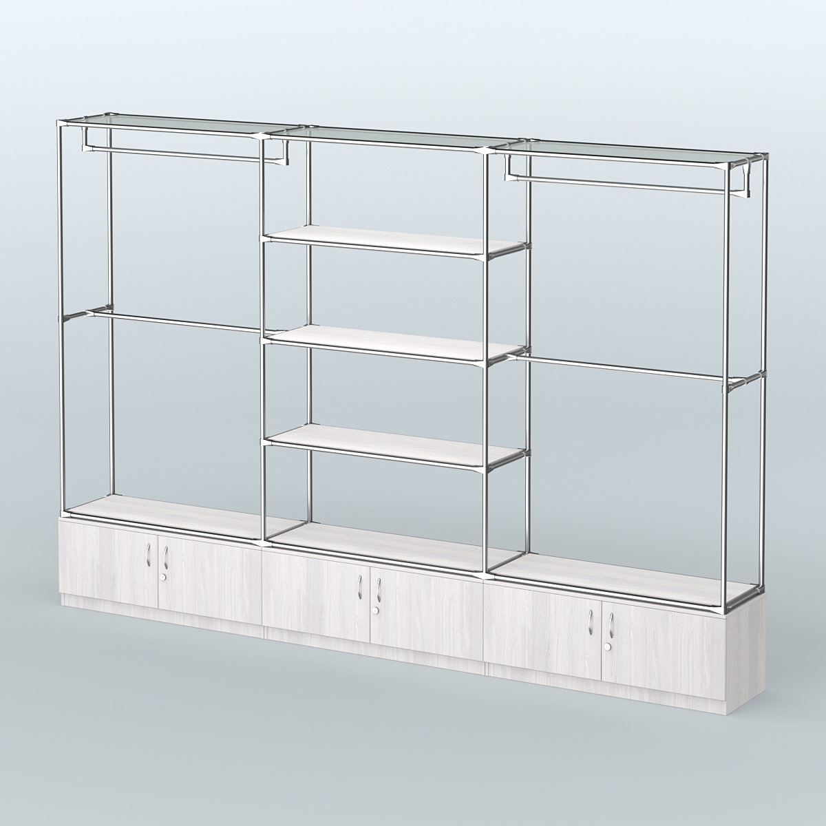 Торговая система ХРОМ без ДСП 3600 мм с тумбами Т21, полками ДСП и поручнями №2 Ясень Анкор светлый