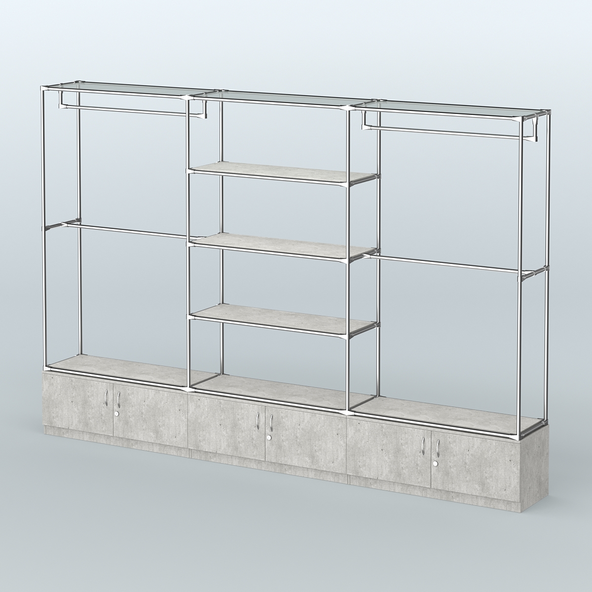 Торговая система ХРОМ без ДСП 3600 мм с тумбами Т21, полками ДСП и поручнями №2 Метрополитан Грей