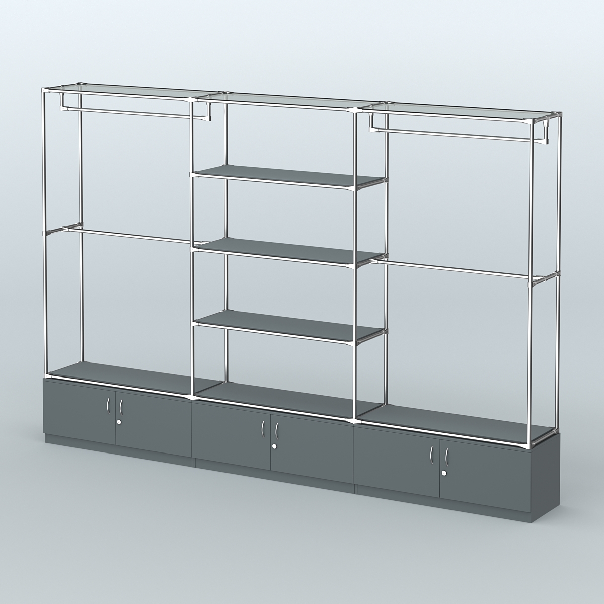 Торговая система ХРОМ без ДСП 3600 мм с тумбами Т21, полками ДСП и поручнями №2 Темно-Серый