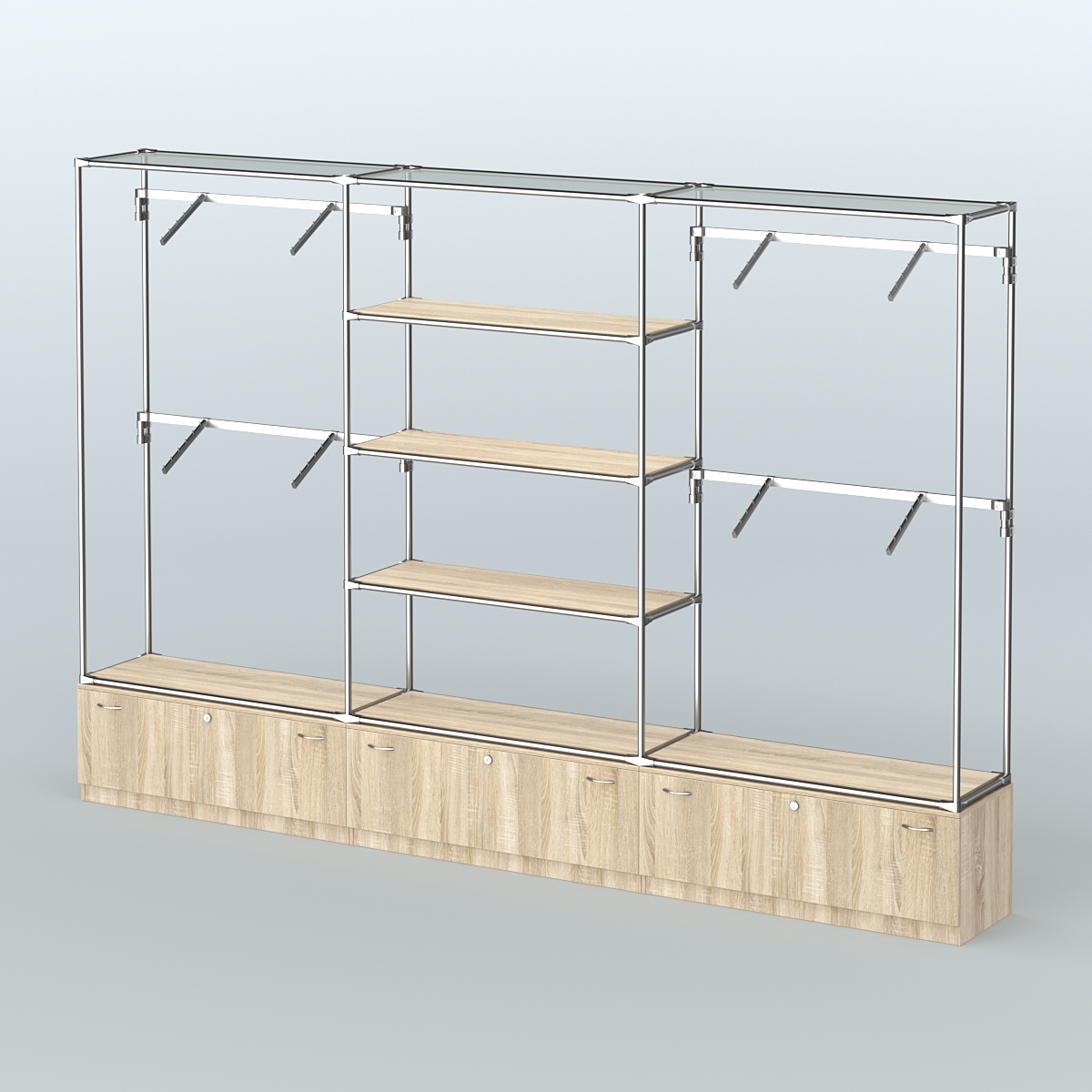 Торговая система ХРОМ без ДСП 3600 мм с тумбами Т11, полками ДСП и поручнями №3 Дуб Сонома