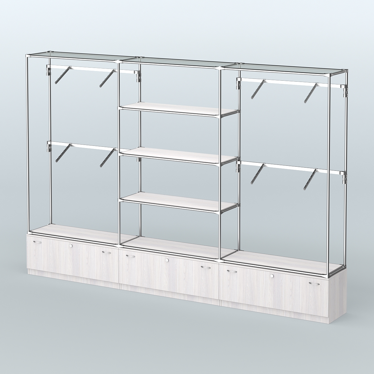 Торговая система ХРОМ без ДСП 3600 мм с тумбами Т11, полками ДСП и поручнями №3 Ясень Анкор светлый