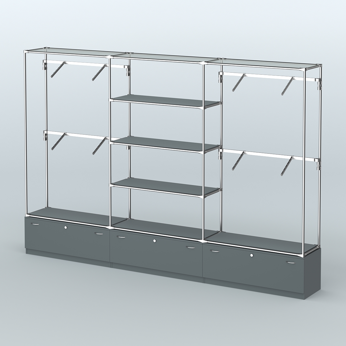 Торговая система ХРОМ без ДСП 3600 мм с тумбами Т11, полками ДСП и поручнями №3 Темно-Серый