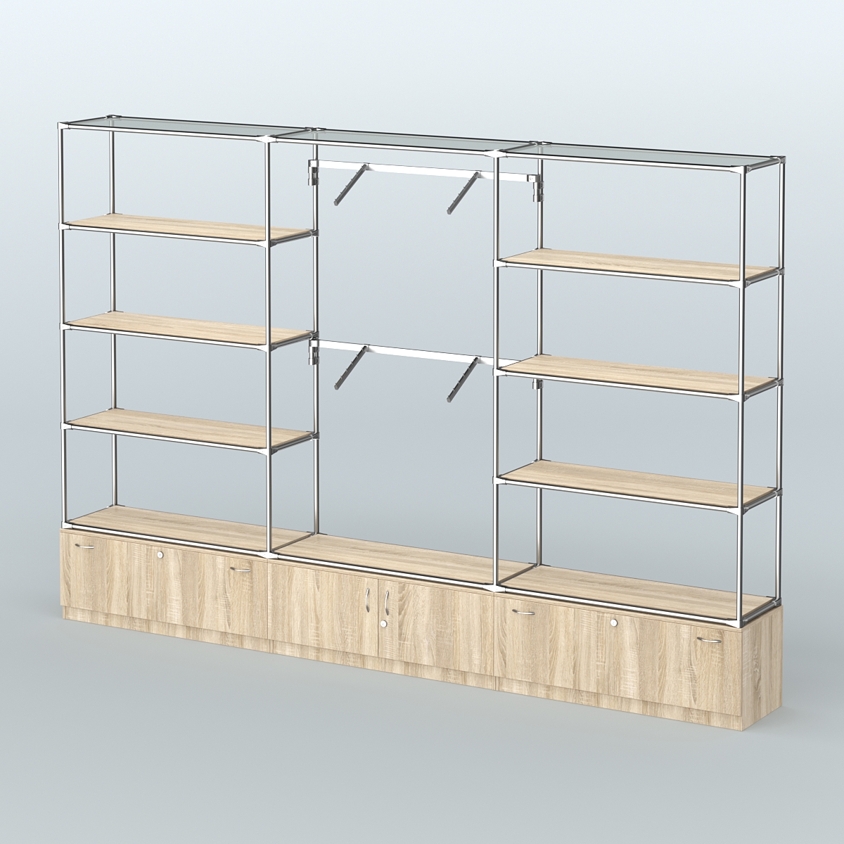 Торговая система ХРОМ без ДСП 3600 мм с тумбами Т11, Т21, полками ДСП и поручнями №4 Дуб Сонома