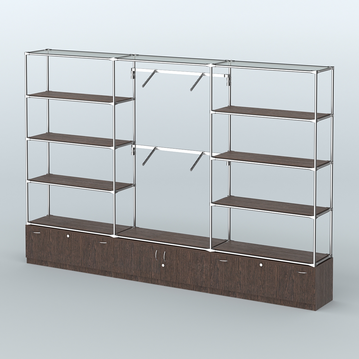 Торговая система ХРОМ без ДСП 3600 мм с тумбами Т11, Т21, полками ДСП и поручнями №4 Дуб Венге