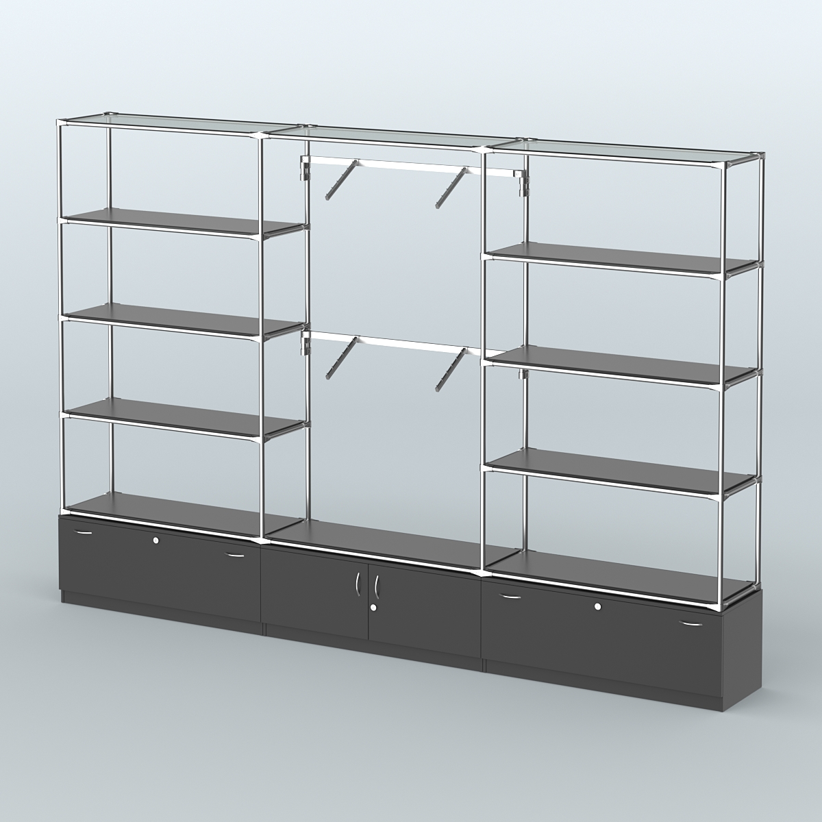 Торговая система ХРОМ без ДСП 3600 мм с тумбами Т11, Т21, полками ДСП и поручнями №4 Черный