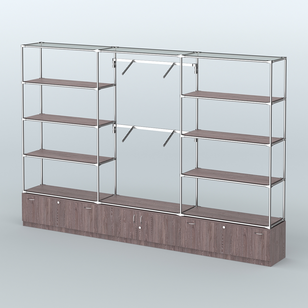 Торговая система ХРОМ без ДСП 3600 мм с тумбами Т11, Т21, полками ДСП и поручнями №4 Ясень Анкор темный