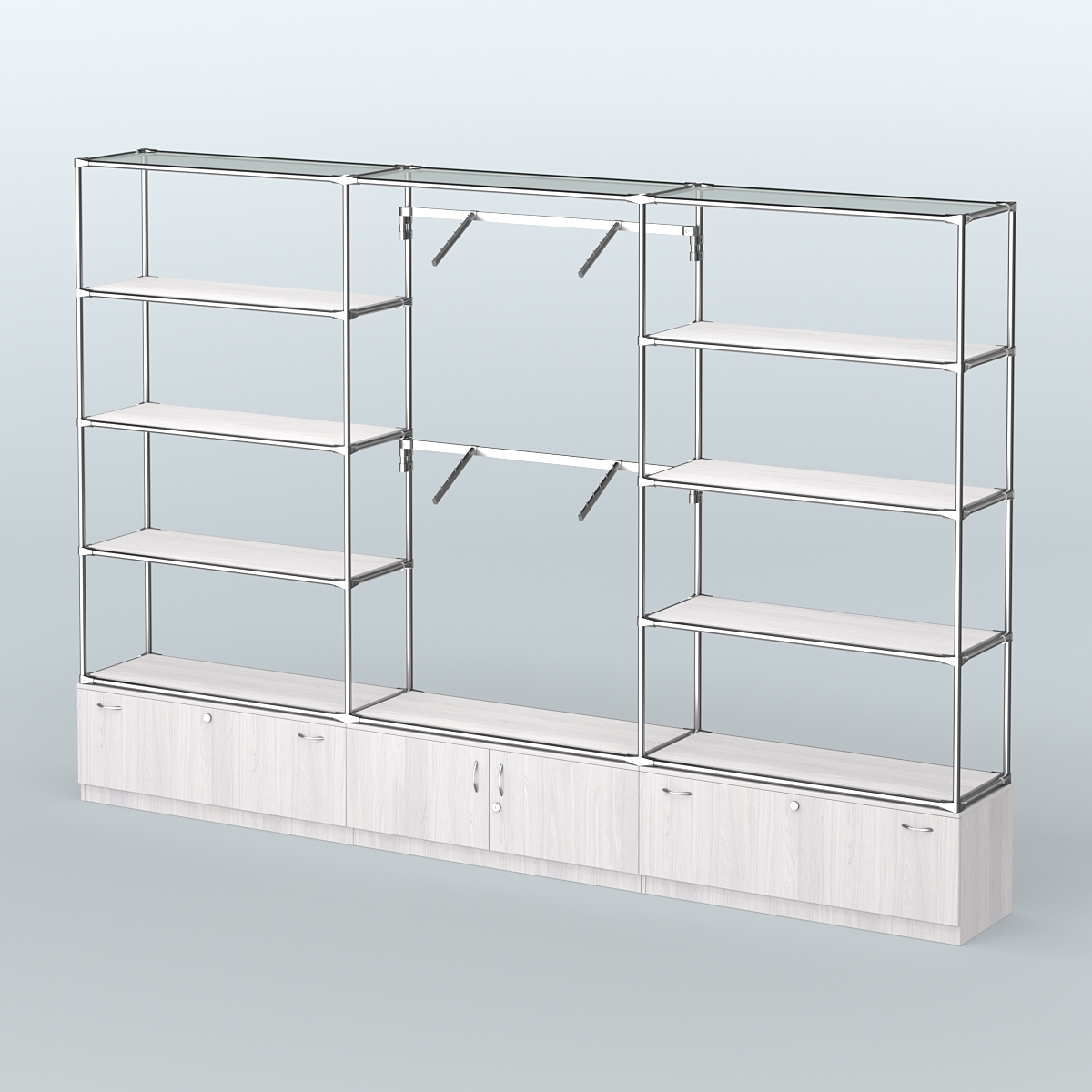 Торговая система ХРОМ без ДСП 3600 мм с тумбами Т11, Т21, полками ДСП и поручнями №4 Ясень Анкор светлый