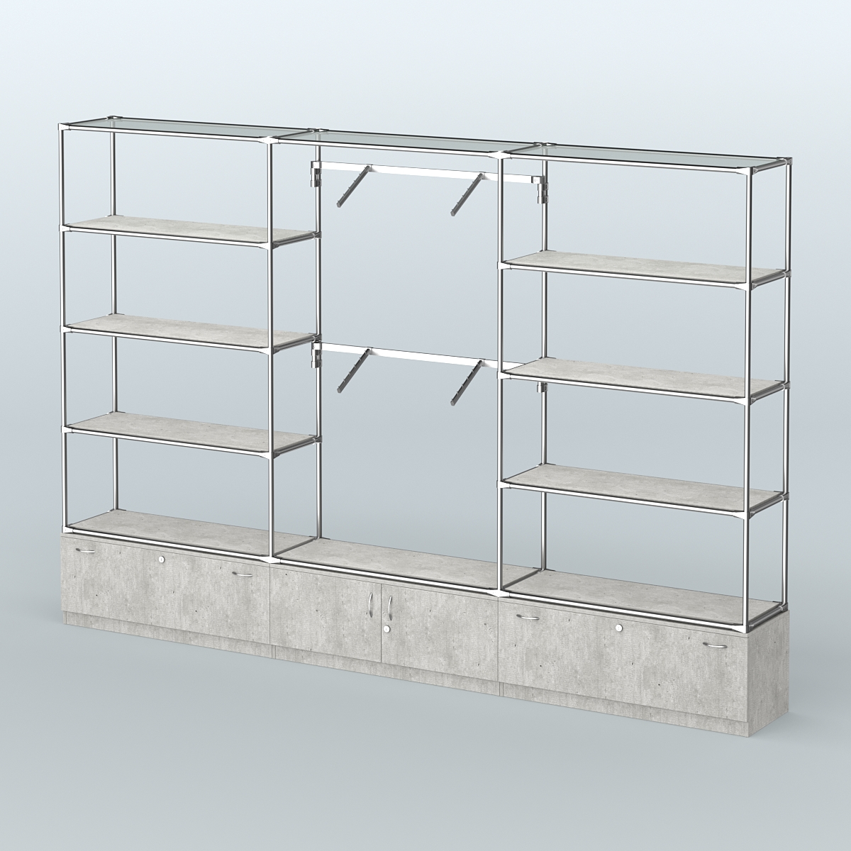 Торговая система ХРОМ без ДСП 3600 мм с тумбами Т11, Т21, полками ДСП и поручнями №4 Метрополитан Грей