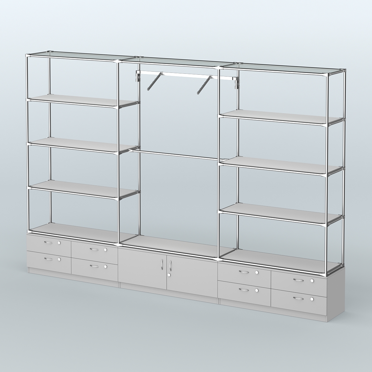 Торговая система ХРОМ без ДСП 3600 мм с тумбами Т14, Т21, полками ДСП и поручнями №5 Серый