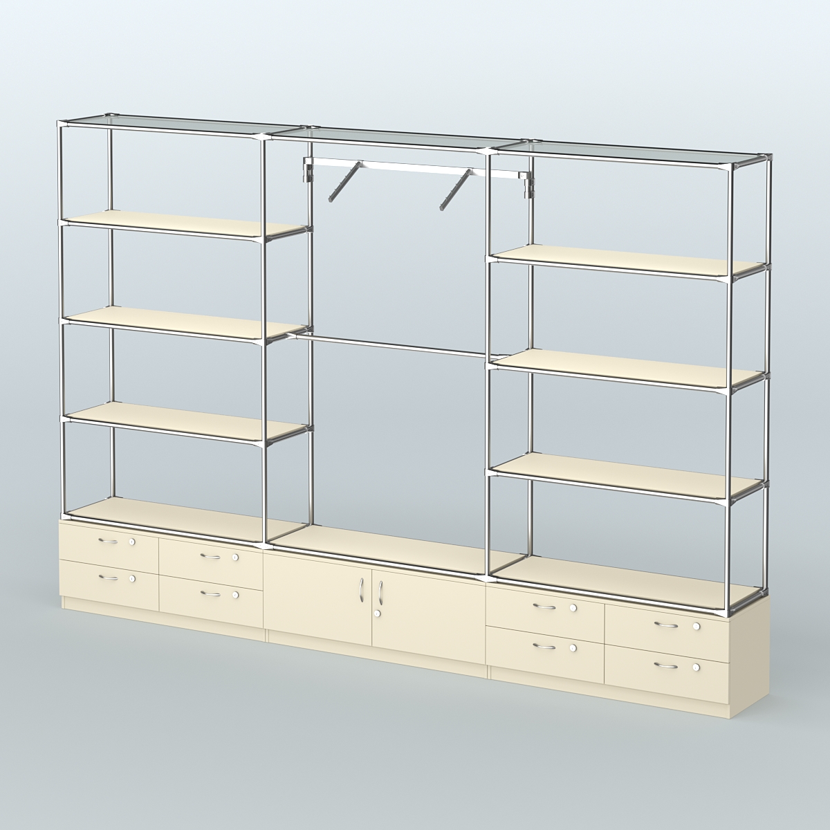 Торговая система ХРОМ без ДСП 3600 мм с тумбами Т14, Т21, полками ДСП и поручнями №5 Крем Вайс