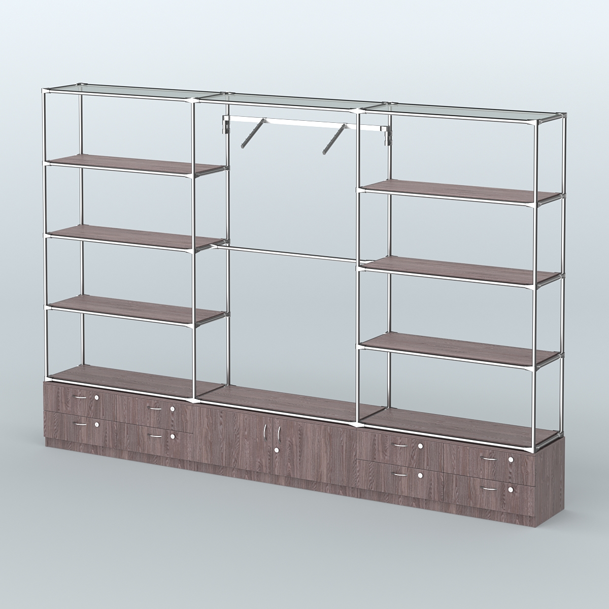 Торговая система ХРОМ без ДСП 3600 мм с тумбами Т14, Т21, полками ДСП и поручнями №5 Ясень Анкор темный