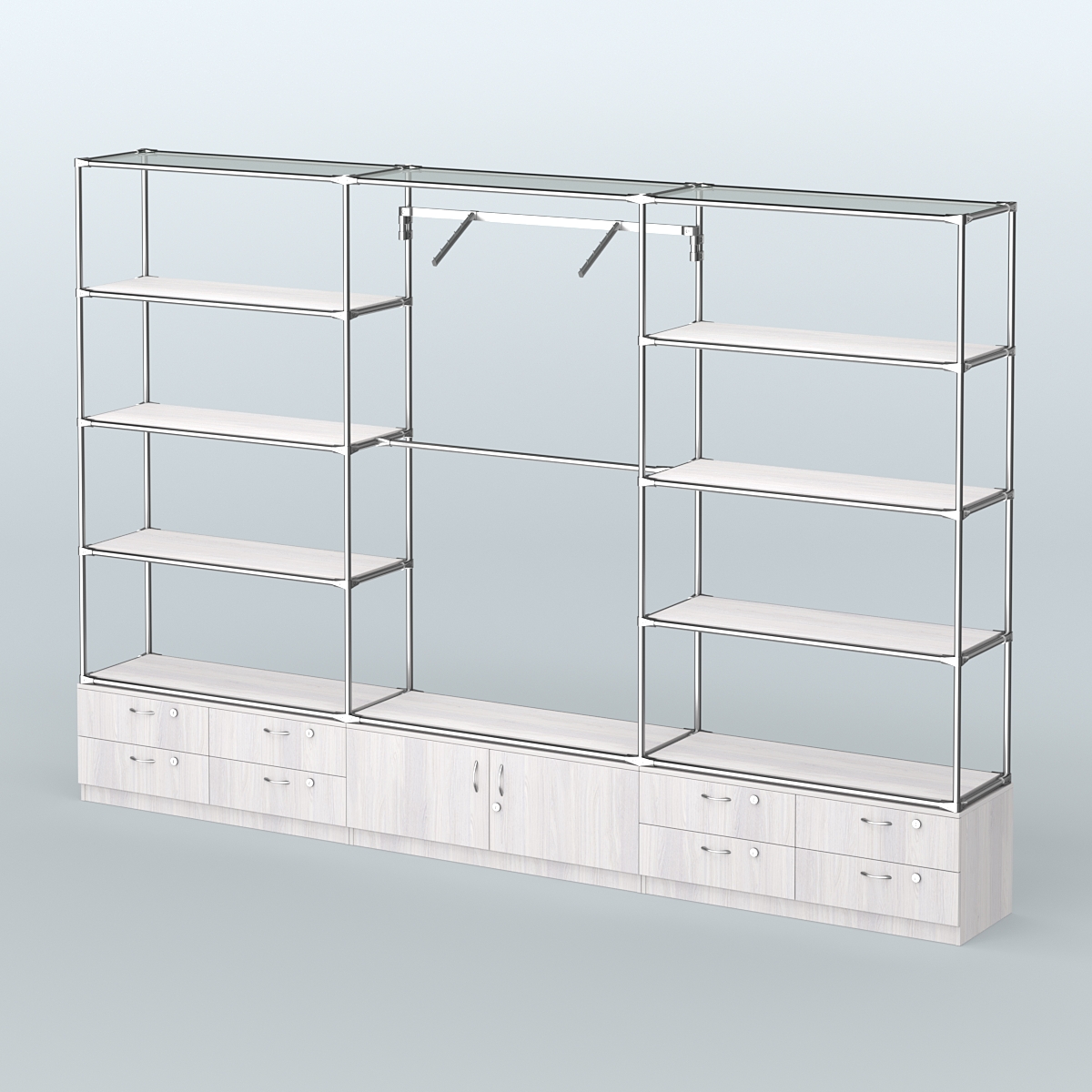 Торговая система ХРОМ без ДСП 3600 мм с тумбами Т14, Т21, полками ДСП и поручнями №5 Ясень Анкор светлый