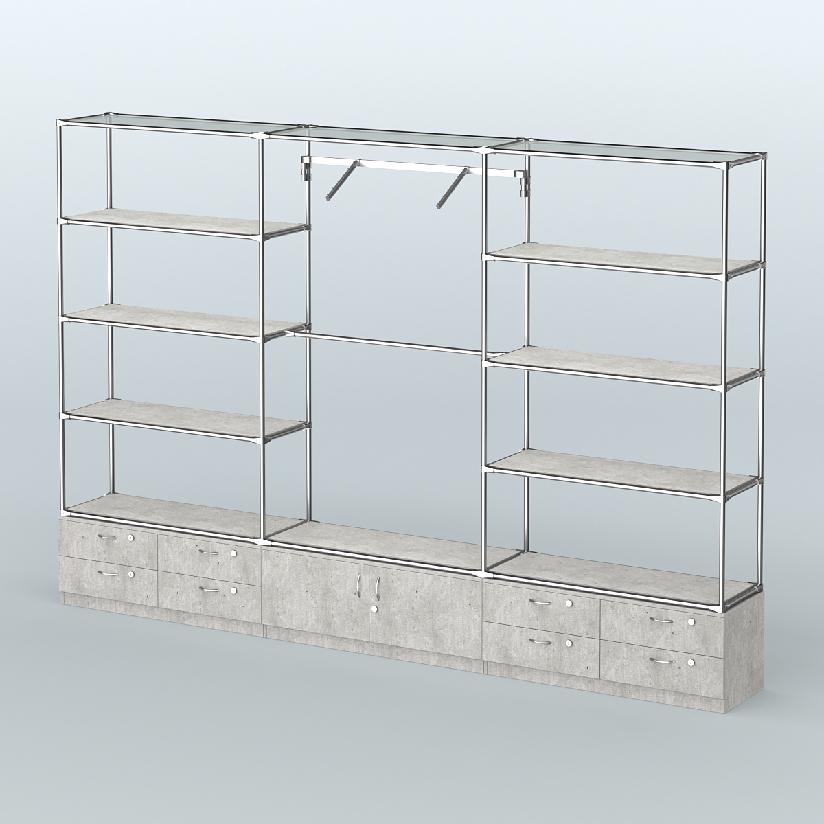 Торговая система ХРОМ без ДСП 3600 мм с тумбами Т14, Т21, полками ДСП и поручнями №5 Метрополитан Грей